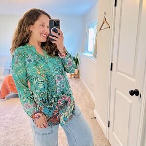 Soft Surroundings Green Floral Botanical Top Blouse XS